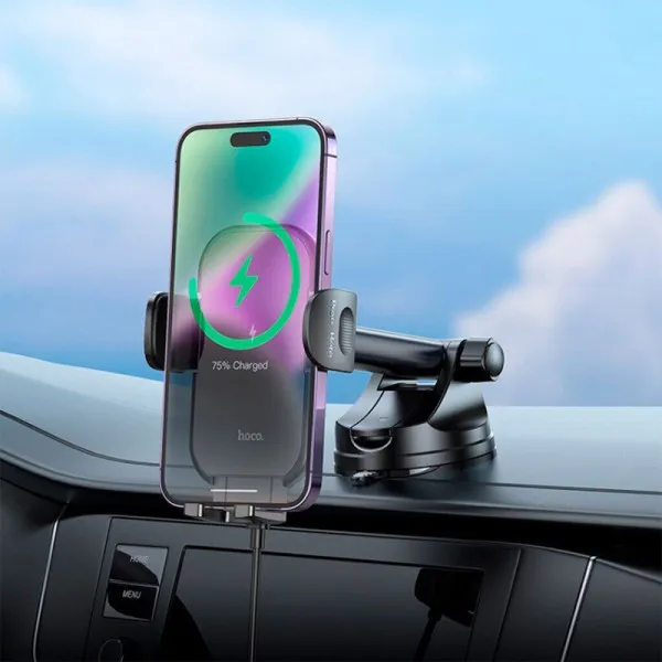 Автотримач з БЗП Hoco HW5 Journey 15W (center console) — Чорний — фото 4