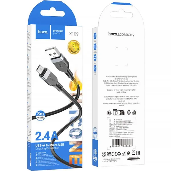 Дата кабель Hoco X109 Energy silicone USB to MicroUSB (3m) — Чорний — фото 2