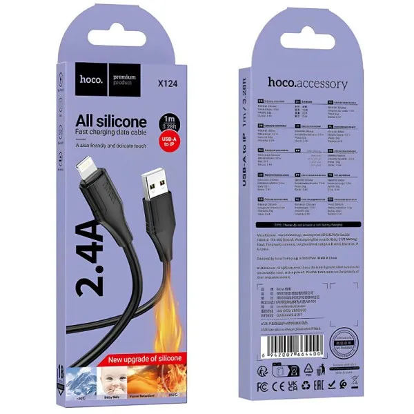 Дата кабель Hoco X124 Bien silicone USB to Lightning 2.4A (1m) — Черный — фото 4