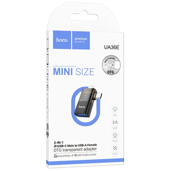 Перехідник Hoco UA36E Combo 2-in-1 (Type-C/Lightning to USB2.0) — Чорний — фото 2