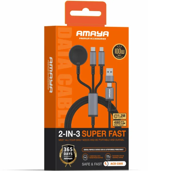 Дата кабель Amaya ACD-330X 6in1 Type-C/USB to iWatch/Lightning/Type-C 100W (1.2m) — Чорний — фото 2