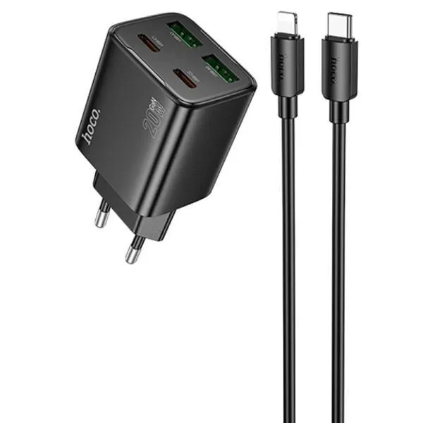 СЗУ Hoco N55 Fundador PD20W+QC3.0 (2USB-A/2C) + кабель Type-C to Lightning — Черный — фото 1