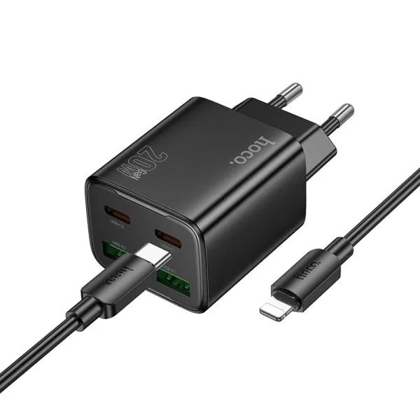 СЗУ Hoco N55 Fundador PD20W+QC3.0 (2USB-A/2C) + кабель Type-C to Lightning — Черный — фото 2