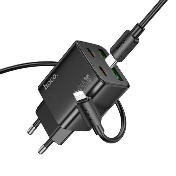 СЗУ Hoco N55 Fundador PD20W+QC3.0 (2USB-A/2C) + кабель Type-C to Lightning — Черный — фото 4