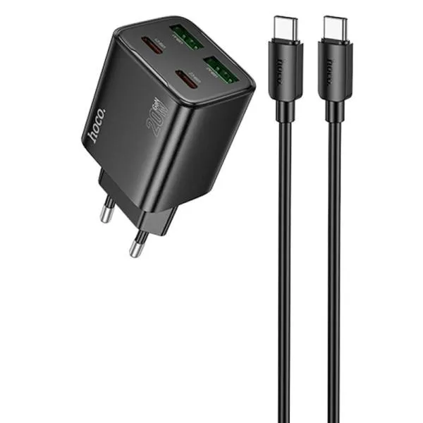 СЗУ Hoco N55 Fundador PD20W+QC3.0 (2USB-A/2C) + кабель Type-C to Type-C — Черный — фото 1