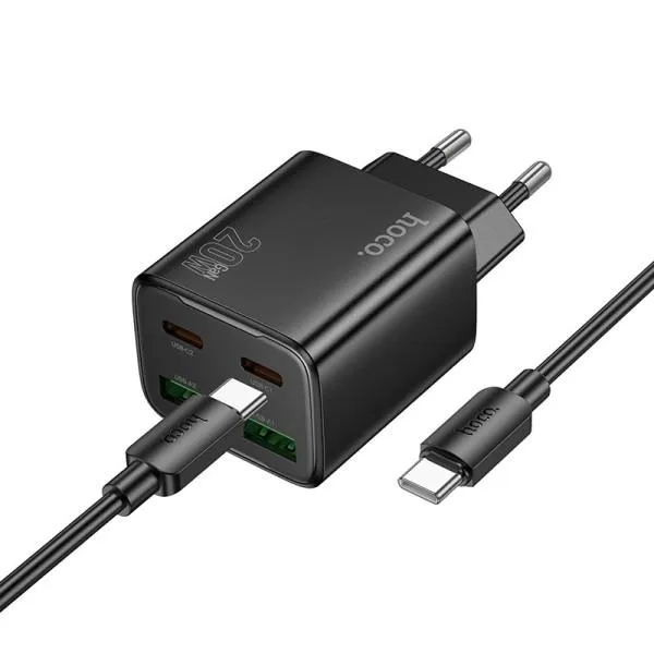 СЗУ Hoco N55 Fundador PD20W+QC3.0 (2USB-A/2C) + кабель Type-C to Type-C — Черный — фото 2