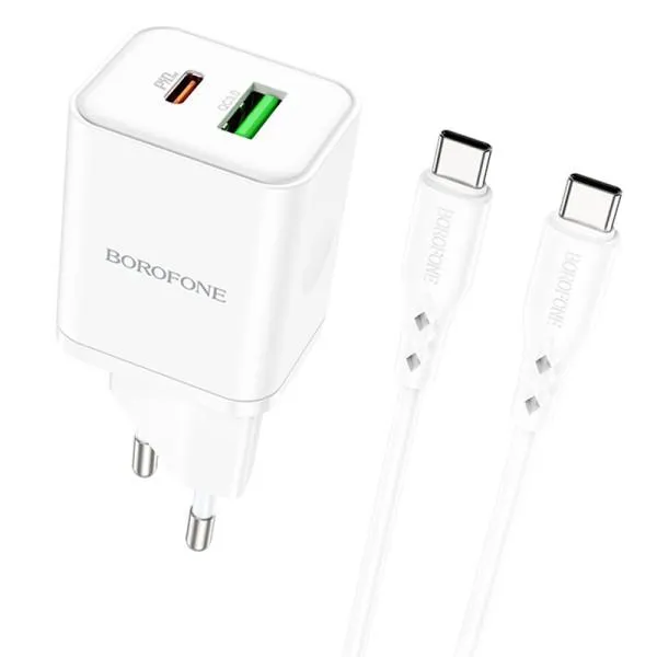 МЗП Borofone BN7 PD20W+QC3.0 (1USB-A/1C) + кабель Type-C to Type-C — Білий — фото 1
