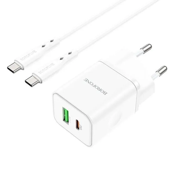 МЗП Borofone BN7 PD20W+QC3.0 (1USB-A/1C) + кабель Type-C to Type-C — Білий — фото 2