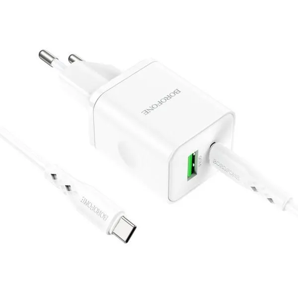 МЗП Borofone BN7 PD20W+QC3.0 (1USB-A/1C) + кабель Type-C to Type-C — Білий — фото 3