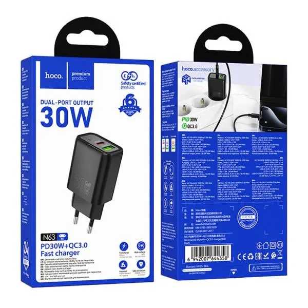 МЗП Hoco N63 Gentle PD30W+QC3.0 (1USB-A/1C) — Чорний — фото 4