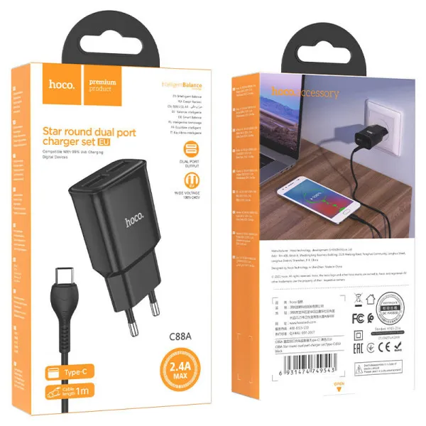 СЗУ Hoco C88A Star round 2.4A (2USB-A) + кабель USB to Type-C — Черный — фото 4