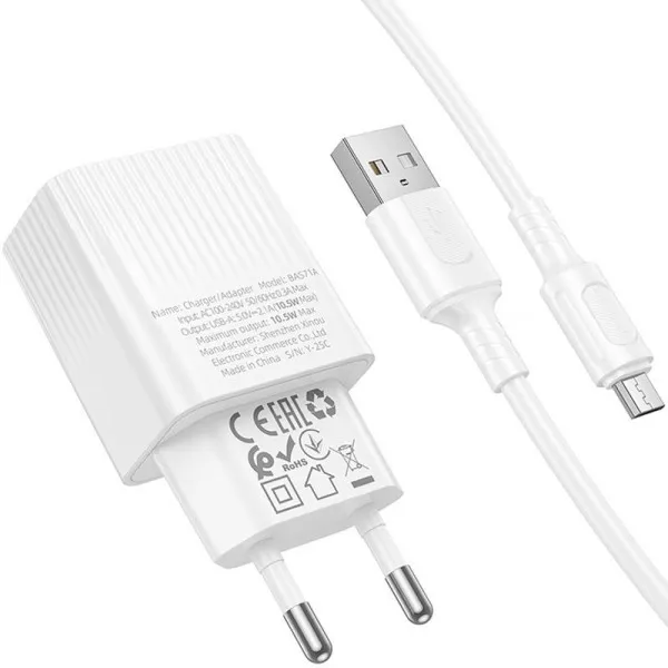 СЗУ Borofone BAS71A Source 10.5W (1USB-A) + кабель USB to MicroUSB — Белый — фото 4