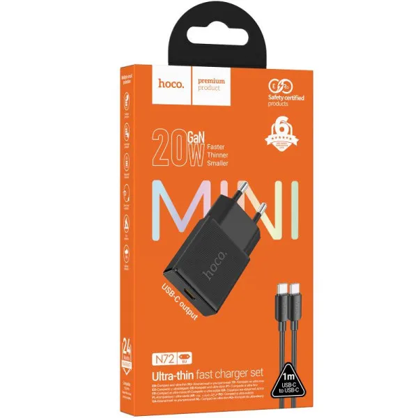 СЗУ Hoco N72 Speed ultra-thin PD20W (1USB-C) + кабель Type-C to Type-C — Черный — фото 2