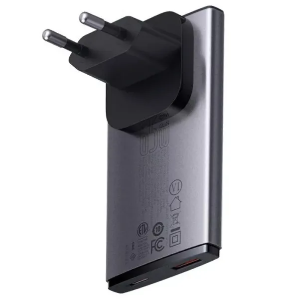 СЗУ Baseus GaN5 Pro Ultra-Slim PD65W+QC3.0 (1USB-A/1C) + кабель Type-C to Type-C (CCGP15011) — Серый — фото 2