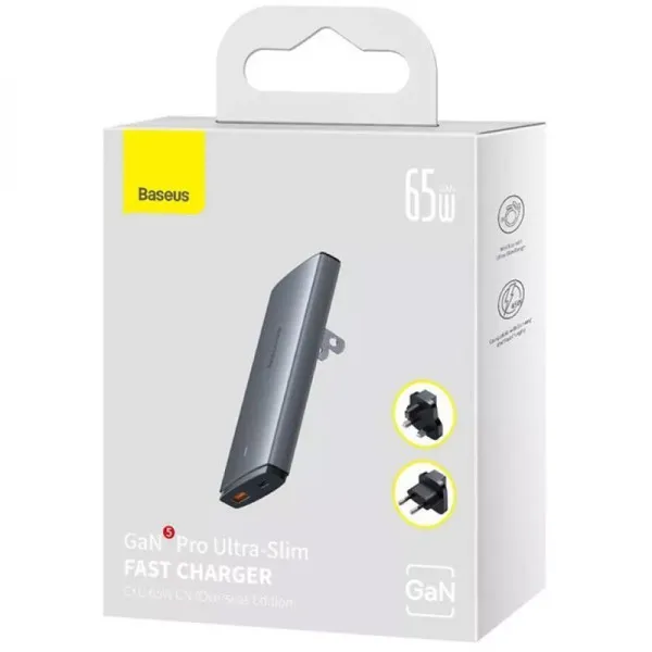 СЗУ Baseus GaN5 Pro Ultra-Slim PD65W+QC3.0 (1USB-A/1C) + кабель Type-C to Type-C (CCGP15011) — Серый — фото 5