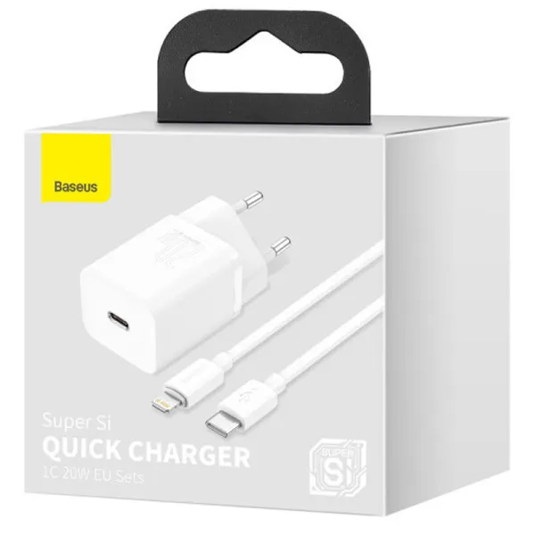СЗУ Baseus Super Si Quick Charger PD20W (1USB-C) + кабель Type-C to Lightning (TZCCSUP-B) — Белый — фото 3 СЗУ Baseus Super Si Quick Charger PD20W (1USB-C) + кабель Type-C to Lightning (TZCCSUP-B) — Белый — фото 3