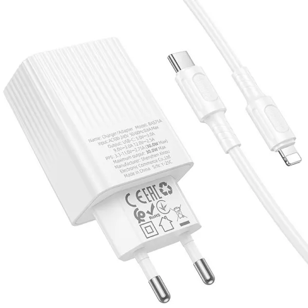 СЗУ Borofone BAS75A Source PD30W (1USB-C) + кабель Type-C to Lightning — Белый — фото 4