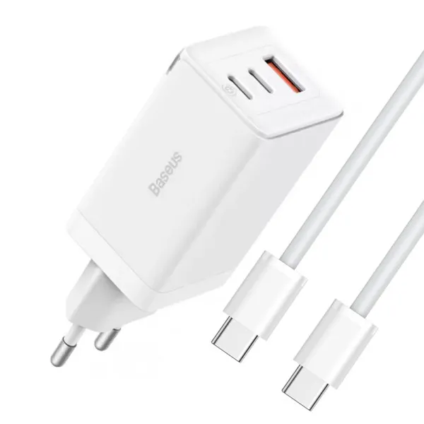 СЗУ Baseus GaN5 Pro PD65W+QC3.0 (1USB-A/2C)  + кабель Type-C to Type-C (CCGP12020) — Белый — фото 1