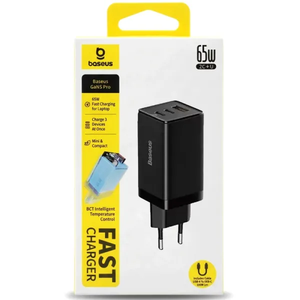 СЗУ Baseus GaN5 Pro PD65W+QC3.0 (1USB-A/2C)  + кабель Type-C to Type-C (CCGP12020) — Черный — фото 5