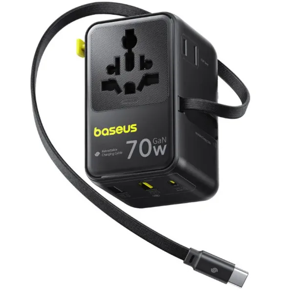 Сетевой универсальный переходник Baseus CG11 70W with retractable cable (2USB-A/3C/1Socket) (E0307E) — Черный — фото 1