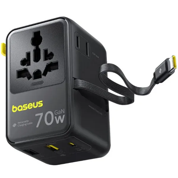 Сетевой универсальный переходник Baseus CG11 70W with retractable cable (2USB-A/3C/1Socket) (E0307E) — Черный — фото 3