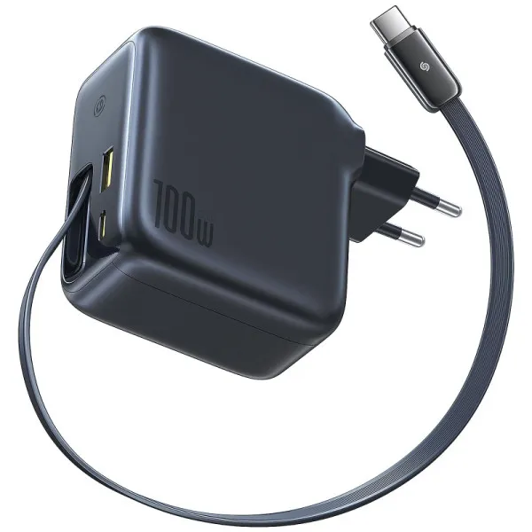 СЗУ Baseus EnerCore CJ11 PD100W+QC3.0 with retractable cable (1USB-A/2C) (E0120M) — Черный — фото 1