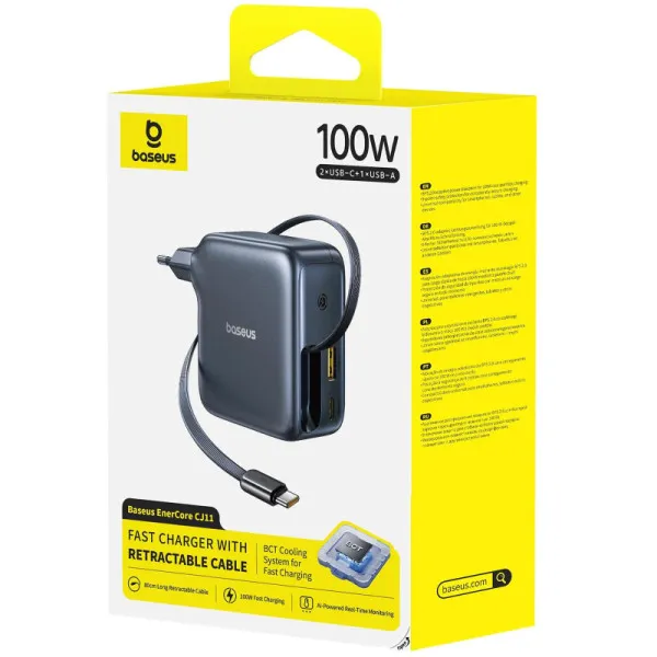 СЗУ Baseus EnerCore CJ11 PD100W+QC3.0 with retractable cable (1USB-A/2C) (E0120M) — Черный — фото 2