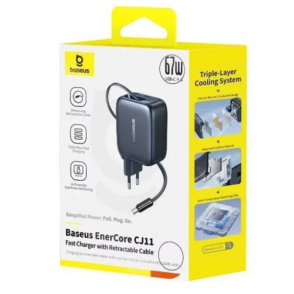 СЗУ Baseus EnerCore CJ11 PD67W with retractable cable (3USB-C) (E0121E) — Черный — фото 3