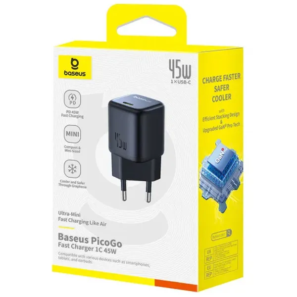 СЗУ Baseus PicoGo GaN Fast Charger 45W (1USB-C) (P10176800) — Черный — фото 5