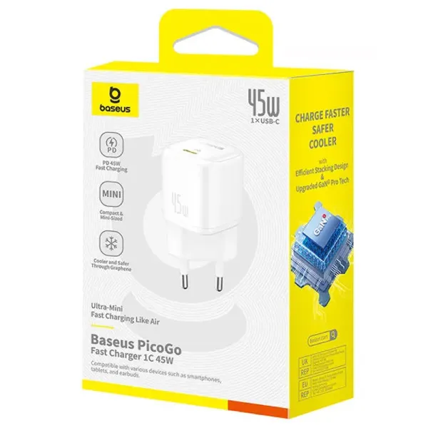 СЗУ Baseus PicoGo GaN Fast Charger 45W (1USB-C) (P10176800) — Белый — фото 4