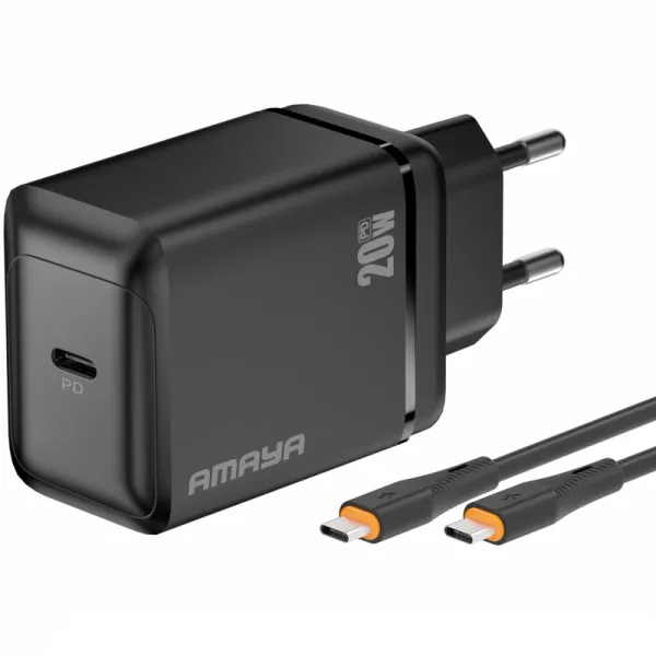 СЗУ Amaya E218S PD20W+QC3.0 (1USB-C) + кабель Type-C to Type-C — Черный — фото 1