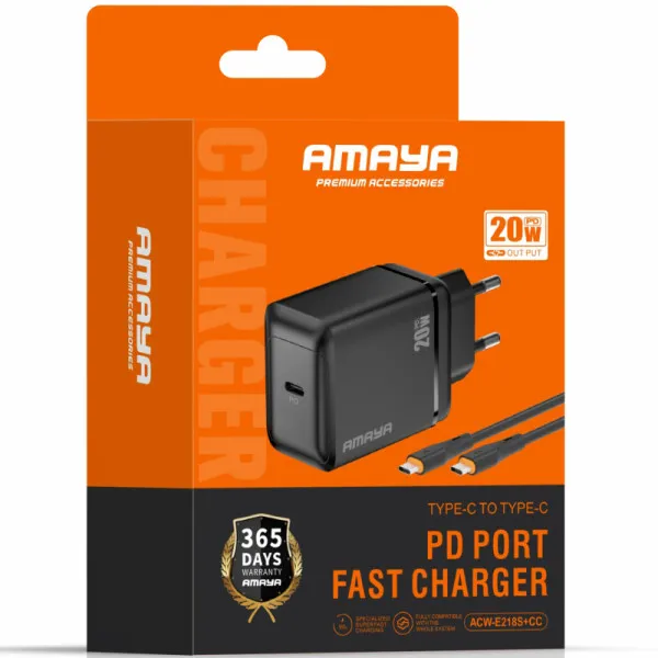 СЗУ Amaya E218S PD20W+QC3.0 (1USB-C) + кабель Type-C to Type-C — Черный — фото 2