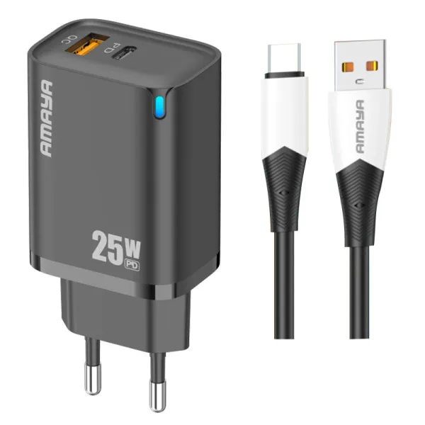 МЗП Amaya E215D PD25W+QC3.0 (1USB-A/1C) + кабель USB to Type-C — Чорний — фото 1