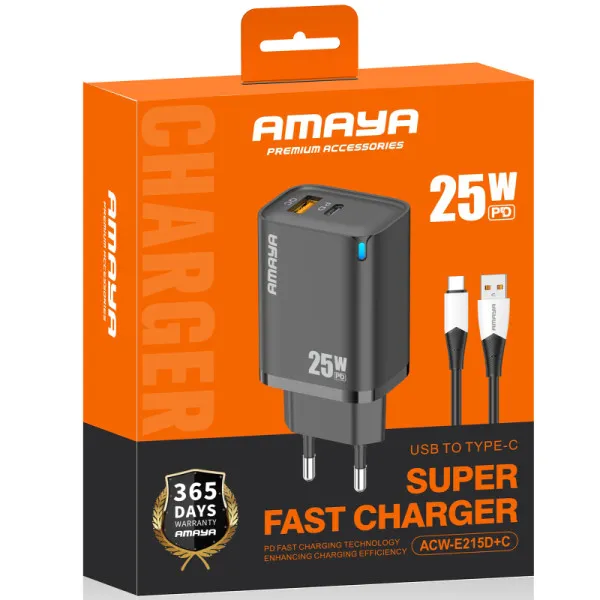 МЗП Amaya E215D PD25W+QC3.0 (1USB-A/1C) + кабель USB to Type-C — Чорний — фото 2