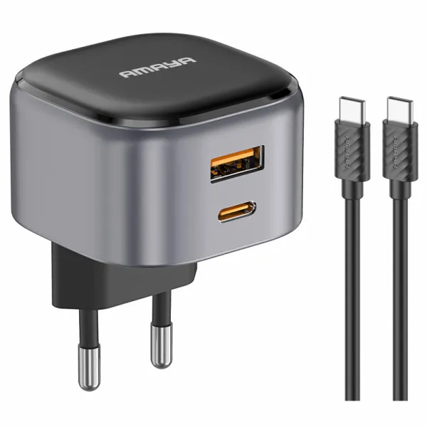 СЗУ Amaya E211D PD20W+QC3.0 (1USB-A/1C) + кабель Type-C to Type-C — Черный — фото 1
