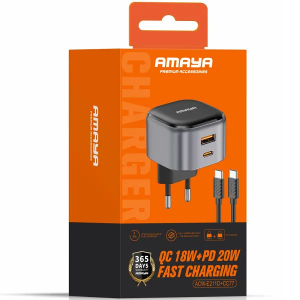 СЗУ Amaya E211D PD20W+QC3.0 (1USB-A/1C) + кабель Type-C to Type-C — Черный — фото 2