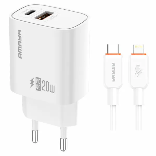 МЗП Amaya E74D PD20W+QC3.0 (1USB-A/1C) + кабель Type-C to Lightning — Білий — фото 1