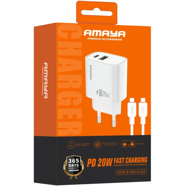 МЗП Amaya E74D PD20W+QC3.0 (1USB-A/1C) + кабель Type-C to Lightning — Білий — фото 2