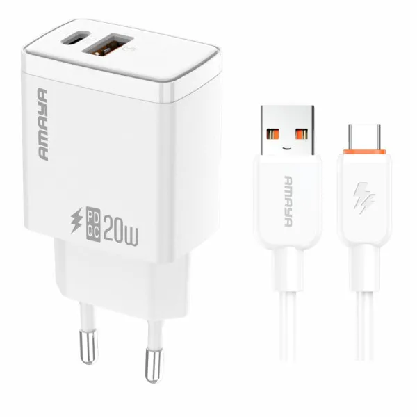 МЗП Amaya E67D PD20W+QC3.0 (1USB-A/1C) + кабель USB to Type-C — Білий — фото 1