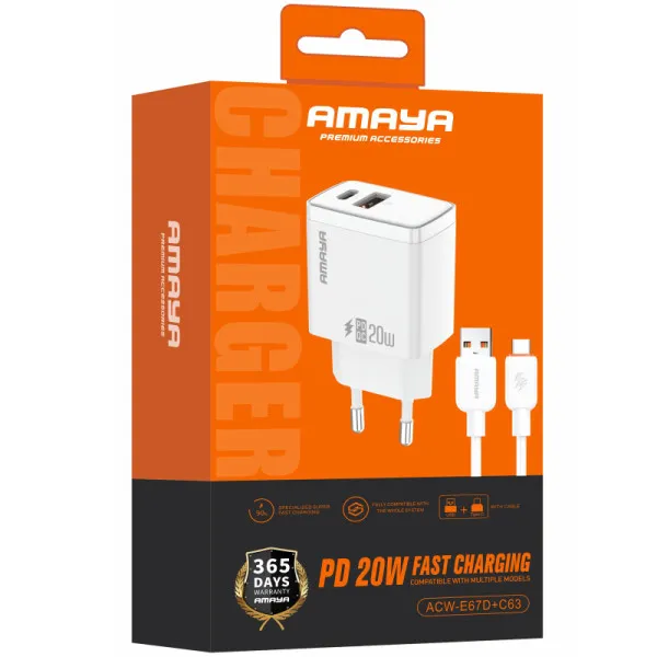 МЗП Amaya E67D PD20W+QC3.0 (1USB-A/1C) + кабель USB to Type-C — Білий — фото 2