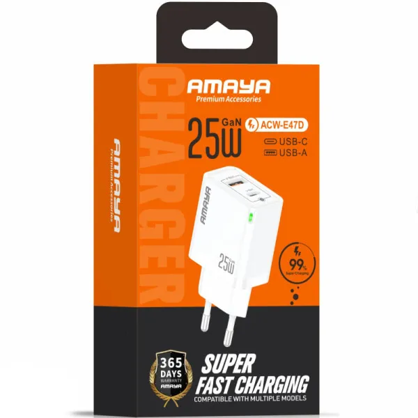 МЗП Amaya E47D PD25W+QC3.0 GaN (1USB-A/1C) — Білий — фото 2