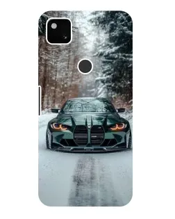 Чехол для Google Pixel 4a с картинкой «BMW в зимнем лесу»