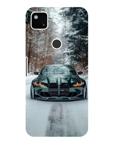 Чехол для Google Pixel 4a с картинкой «BMW в зимнем лесу»