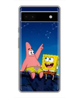 Чехол для Google Pixel 6a с картинкой «Губка Боб и Патрик ночью»