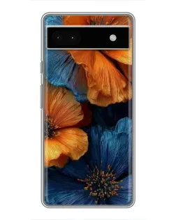 Чехол для Google Pixel 6a с картинкой «Яркая сине-оранжевая флора»