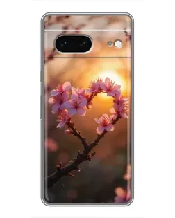 Чохол для Google Pixel 7 з картинкою «Рожевий цвіт  сердечко на тлі заходу»
