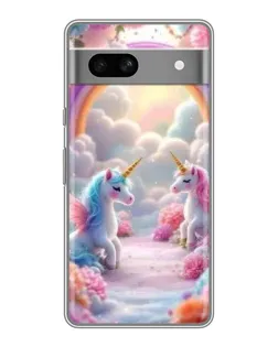 Чехол для Google Pixel 7A с картинкой «Радуга и единороги»