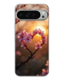 Чохол для Google Pixel 9 Pro XL з картинкою «Рожевий цвіт  сердечко на тлі заходу»