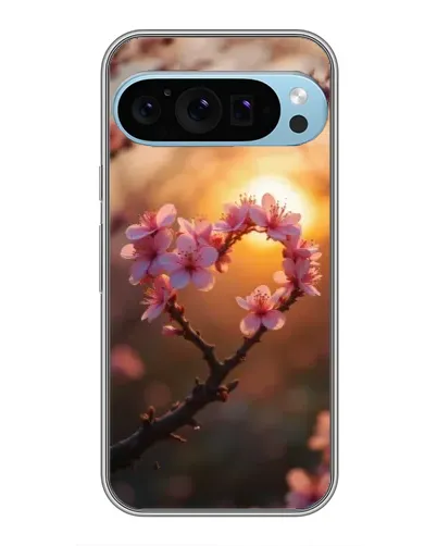 Чохол для Google Pixel 9 Pro з картинкою «Рожевий цвіт  сердечко на тлі заходу»