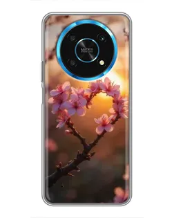 Чохол для Huawei Honor Magic 6 Lite 5G з картинкою «Рожевий цвіт  сердечко на тлі заходу»